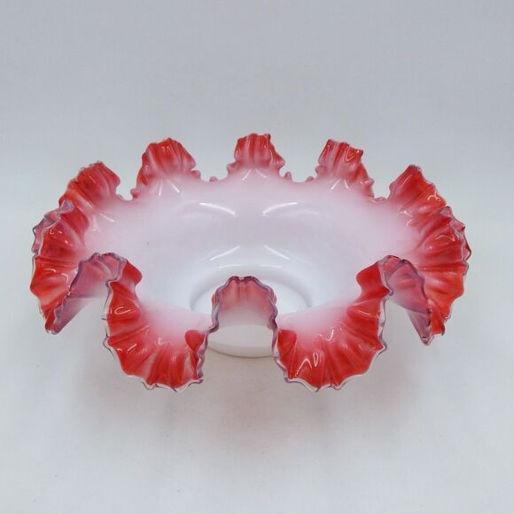 Victorian Brides Basket Bowl Cranberry Pink White Milk Glass Ruffled Rim 11 Inch - Picture 3 of 10